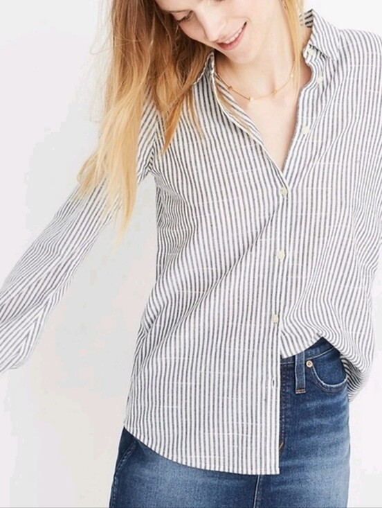 Madewell Tops - Madewell Puff-Sleeve Button-Down Shirt Grey & White Stripped Sz M